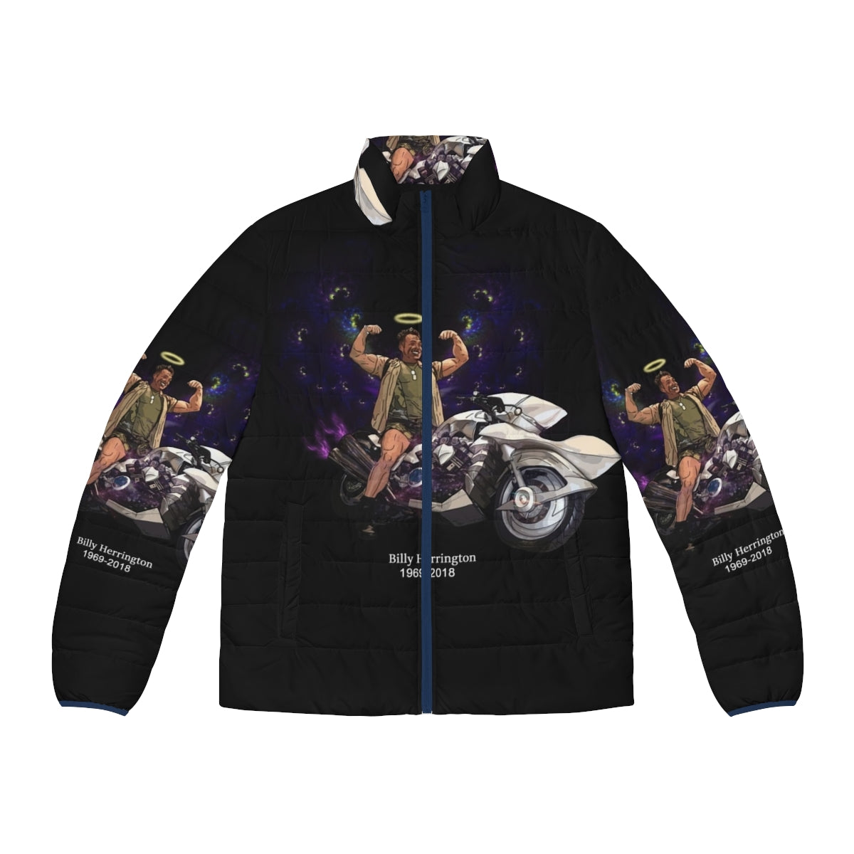 Rest in Peace Aniki puffer jacket featuring Japanese bodybuilding and wrestling meme culture