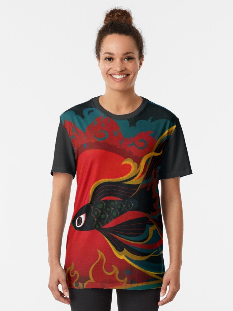 A graphic t-shirt featuring a fiery, oriental-inspired fish creature. - Women