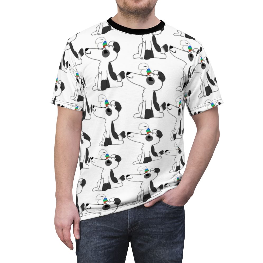 A high-quality t-shirt featuring a playful dog and bird design. - men front