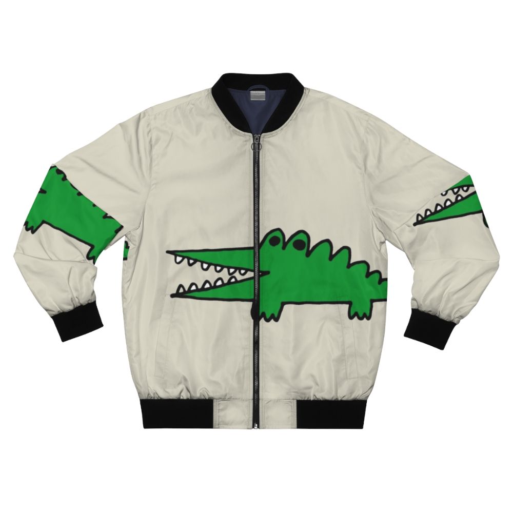 Cute alligator bomber jacket with a cartoon graphic design