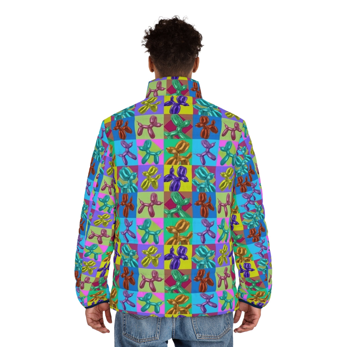 Pop Art Balloon Dogs Puffer Jacket featuring colorful balloon animal designs - men back