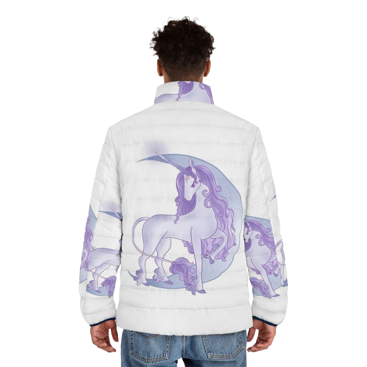 A white unicorn standing in the moonlight, wearing a magical moon puffer jacket - men back