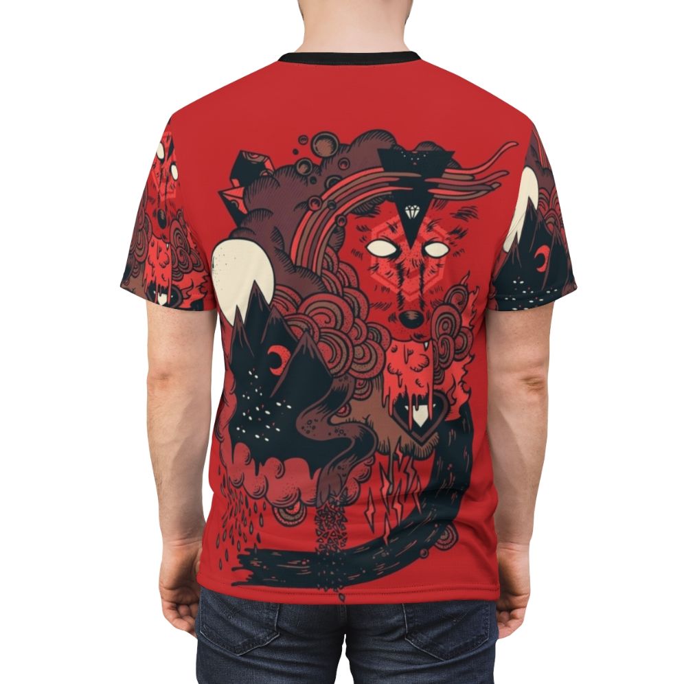 A striking abstract art design featuring a wolf pack in the wilderness, with a powerful and mysterious atmosphere. - men back