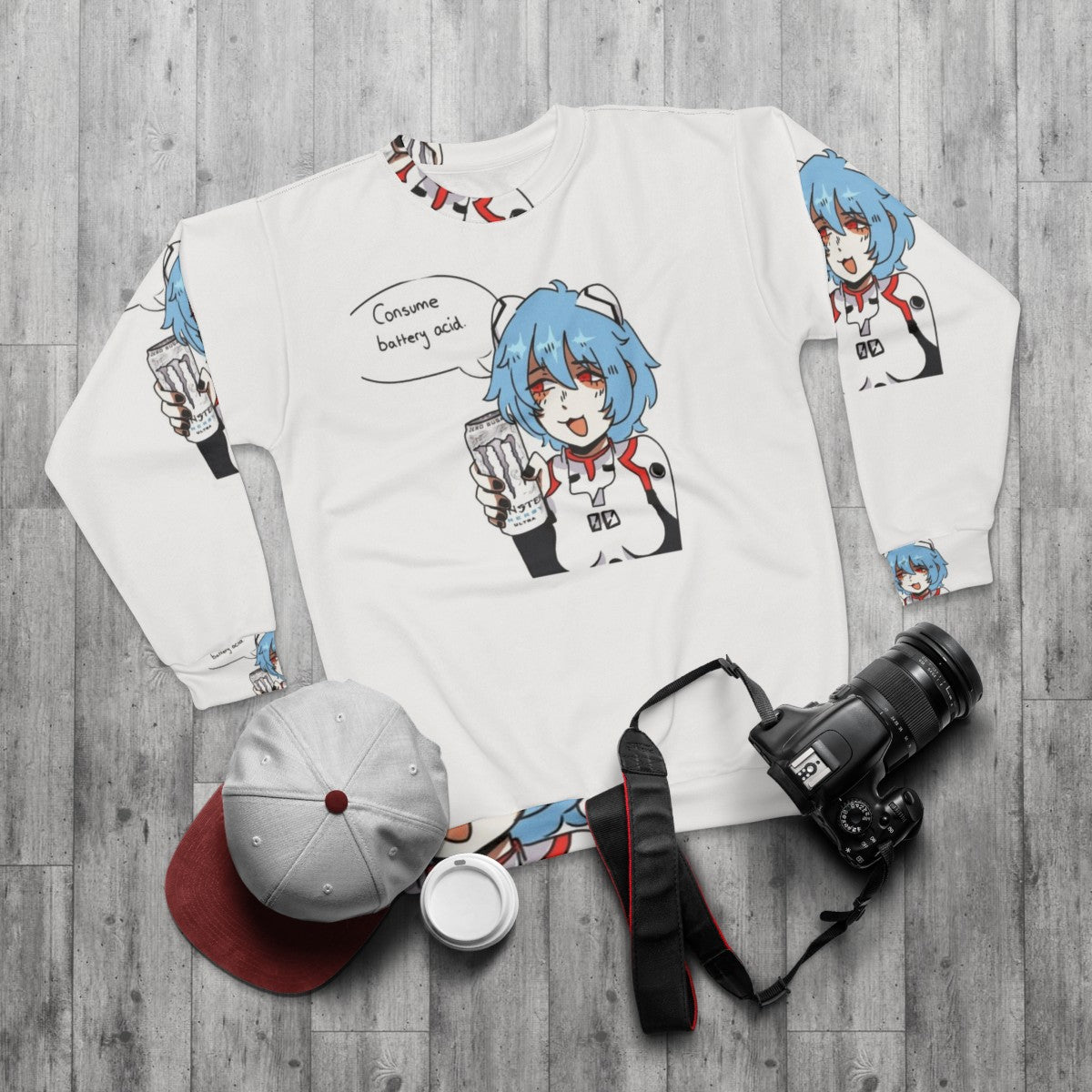 Rei Ayanami Inspired Evangelion Sweatshirt with Monster Ultra - flat lay