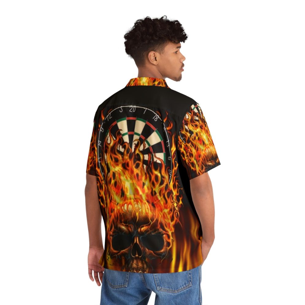 Flaming skull dartboard Hawaiian shirt with fire print and skull design - People Back