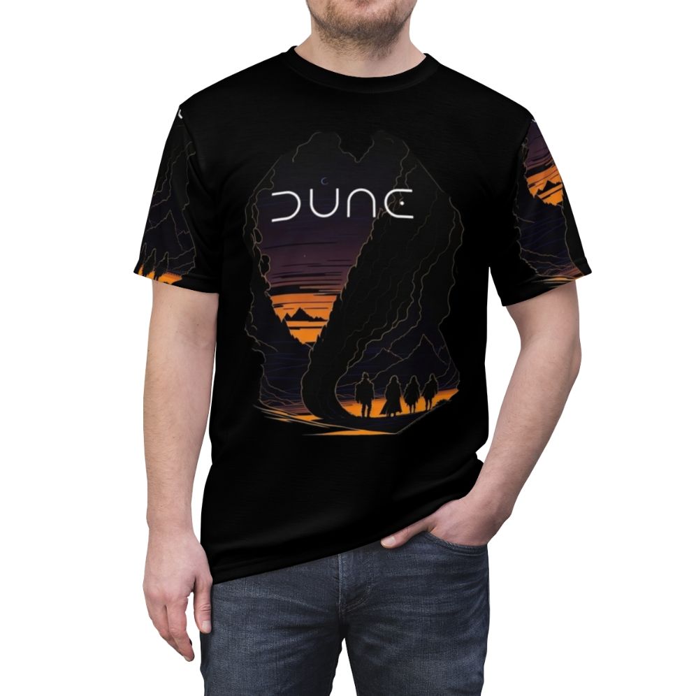 Dune-inspired graphic t-shirt design featuring a sci-fi desert landscape - men front