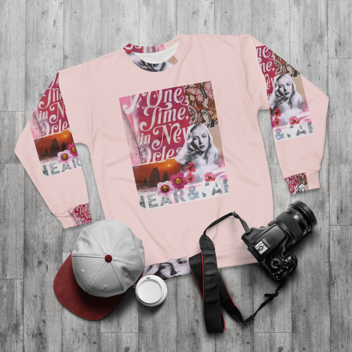 Veronica Lake Collage Sweatshirt featuring vintage paper art of the classic Hollywood actress - flat lay