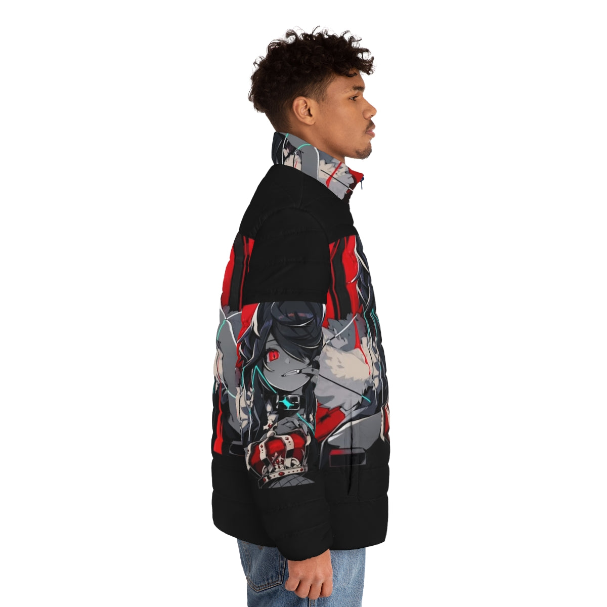 A vibrant puffer jacket featuring the iconic Vocaloid characters Kanaria, King, and Gumi - men side right