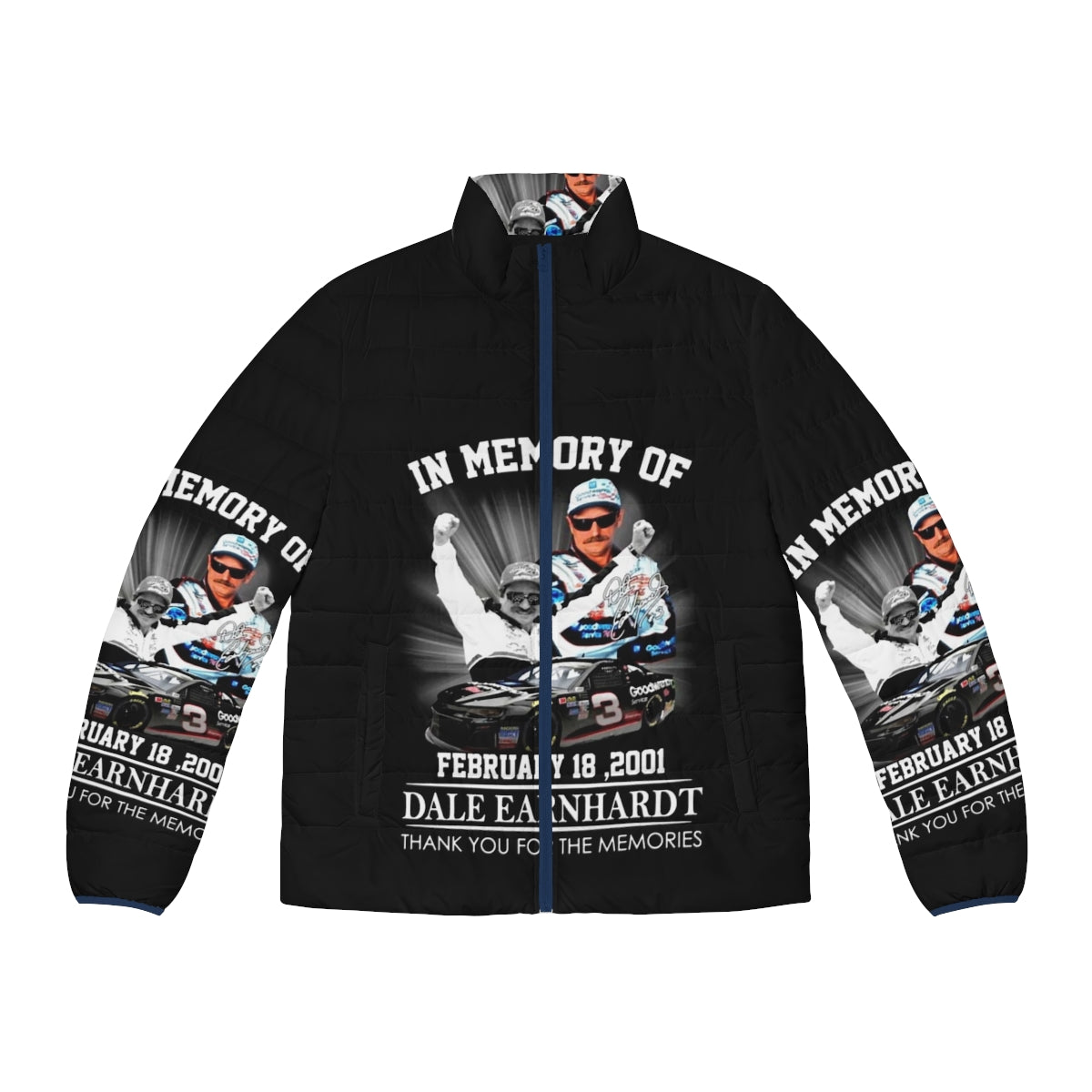 Puffer jacket featuring a memorial design for NASCAR legend Dale Earnhardt