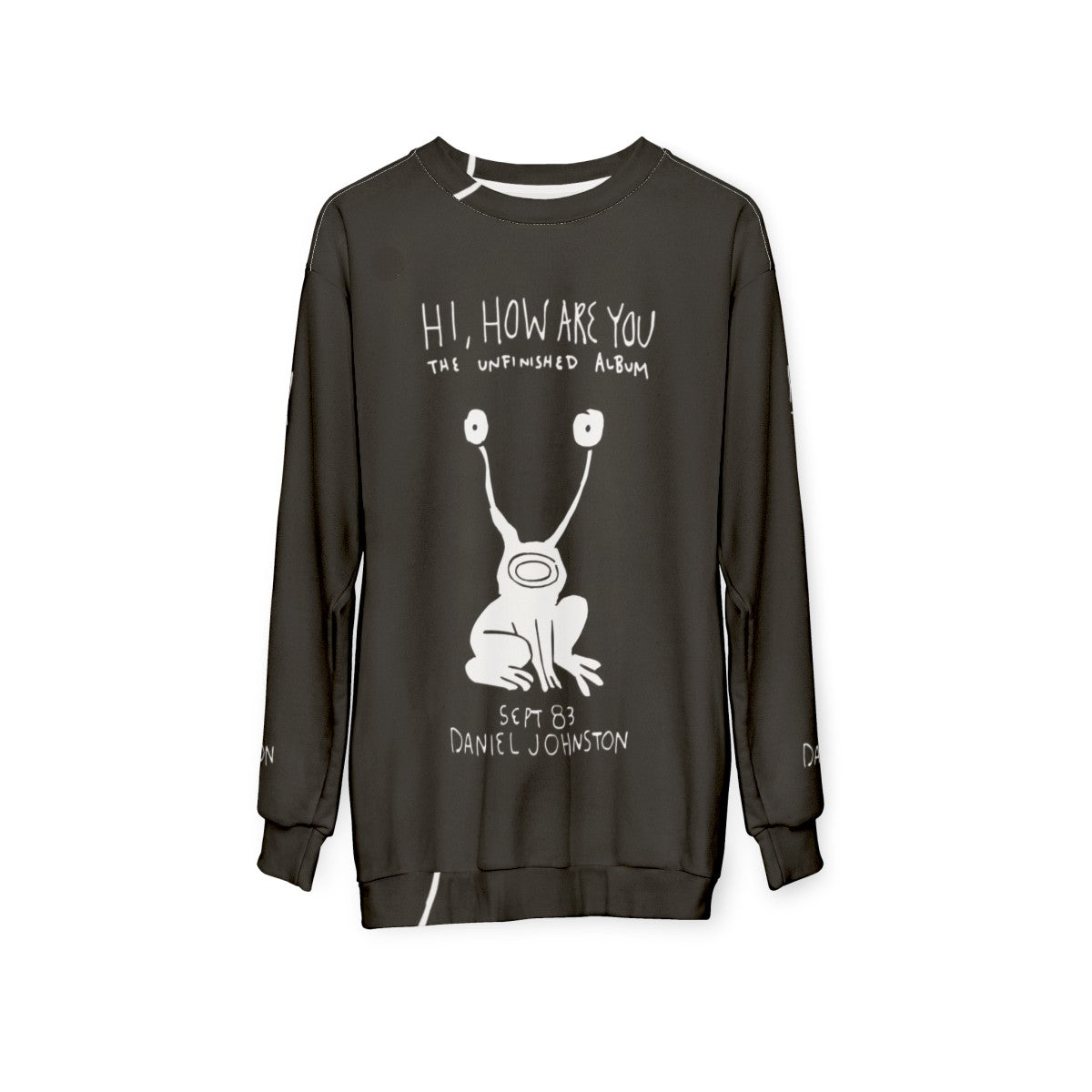 Hi How Are You Daniel Johnston Sweatshirt featuring the iconic album cover design - hanging