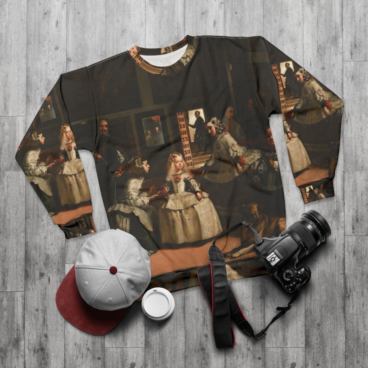 Las Meninas baroque painting reproduction on sweatshirt - flat lay