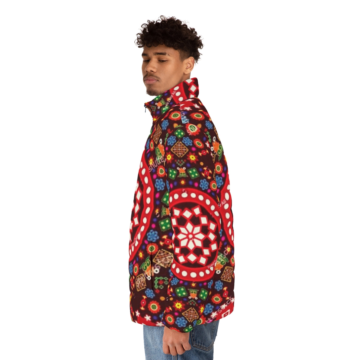 Sindhi culture design puffer jacket featuring traditional artwork - men side left