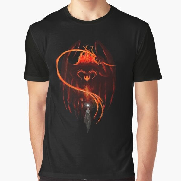 Balrog graphic t-shirt featuring a dark, powerful creature from the Lord of the Rings universe