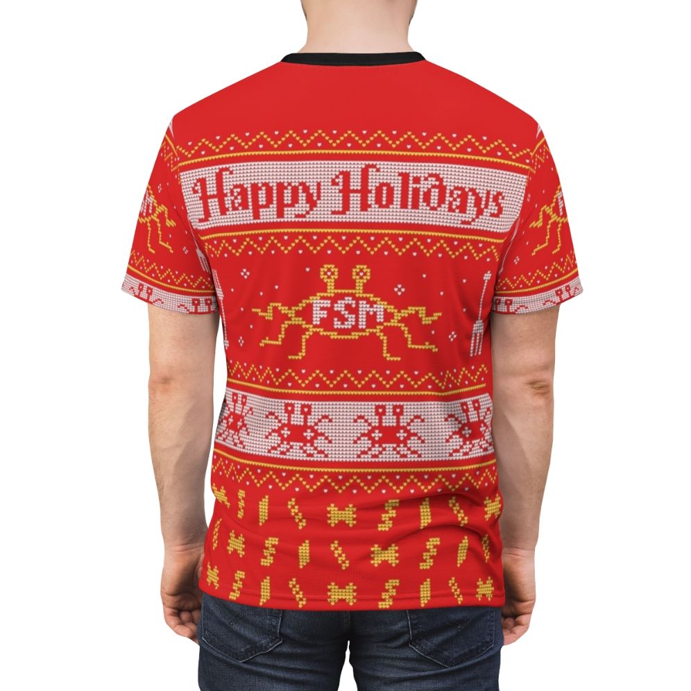 Festive Pastafarian Inspired Ugly Christmas Sweater T-shirt featuring the Flying Spaghetti Monster - men back