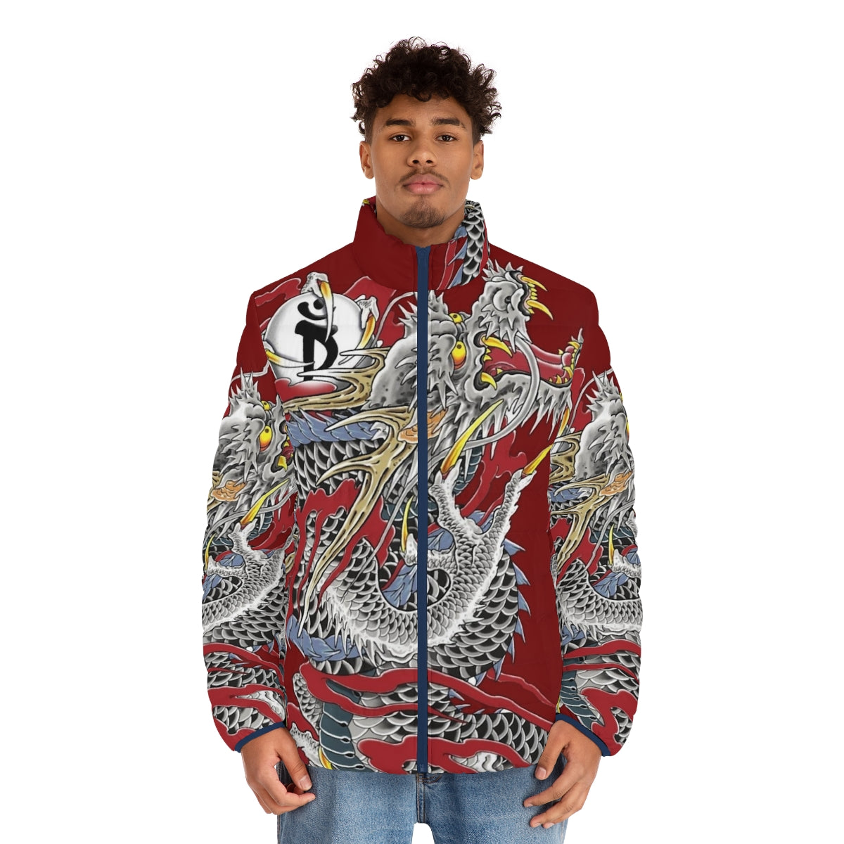 Yakuza Dragon Tattoo Puffer Jacket with Iconic Tattoo Design - men front