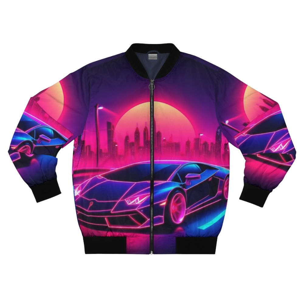 Retro synthwave bomber jacket with neon car and sunset design