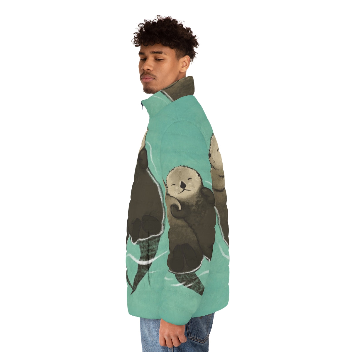 Otters holding hands printed on a puffer jacket - men side left