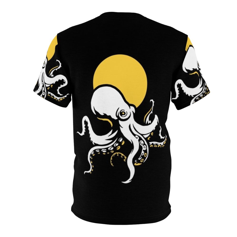 Photograph of a person wearing a t-shirt with a detailed, colorful octopus design - Back