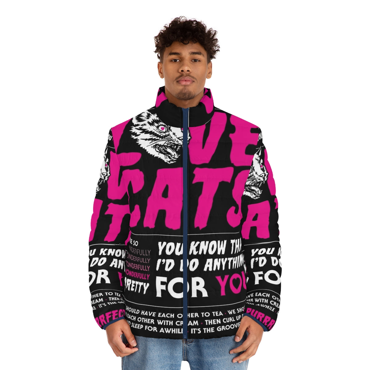 Puffer jacket with a graphic design featuring a cat and The Cure-inspired typography - men front