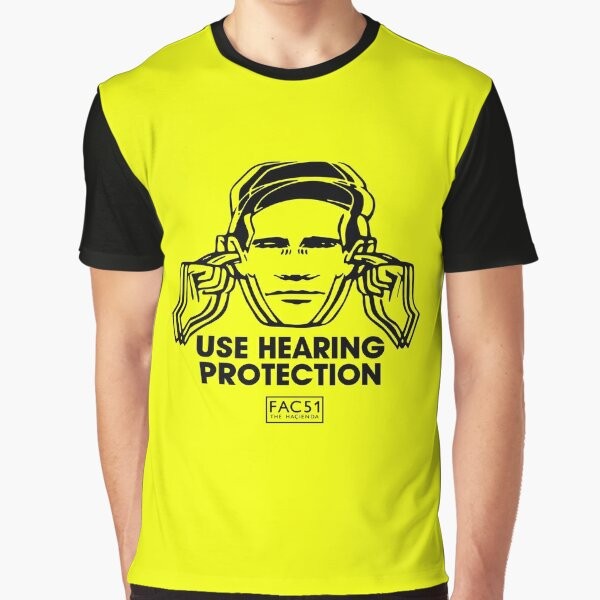 Hearing protection graphic t-shirt with "Use Hearing Protection" text and industrial/indie design