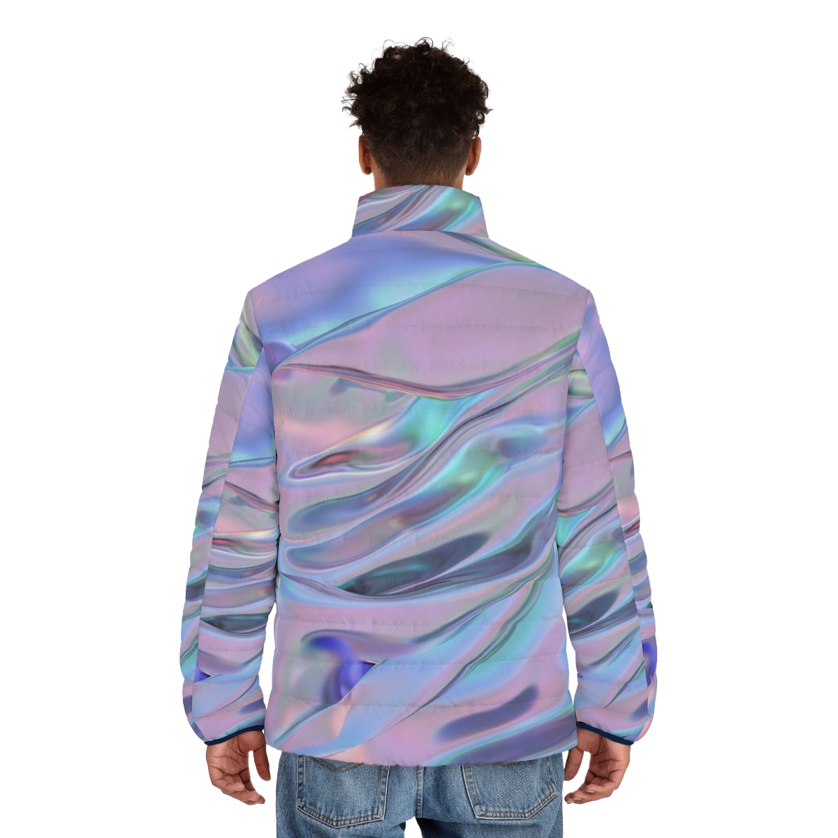 Holographic puffer jacket with abstract, colorful graphic design - men back