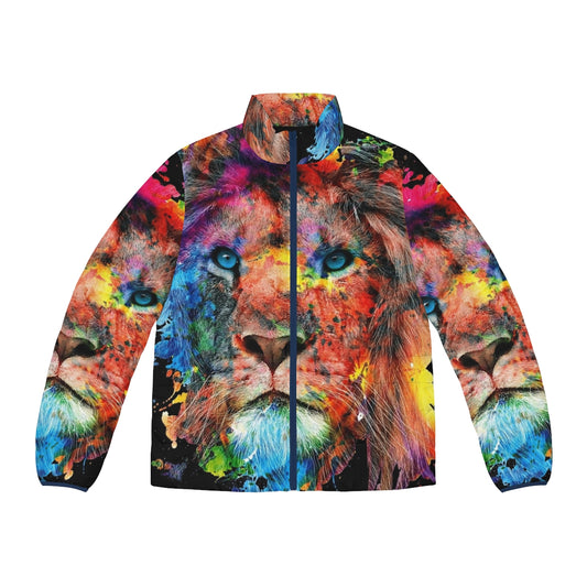 Vibrant watercolor painting of a majestic lion on a cozy puffer jacket