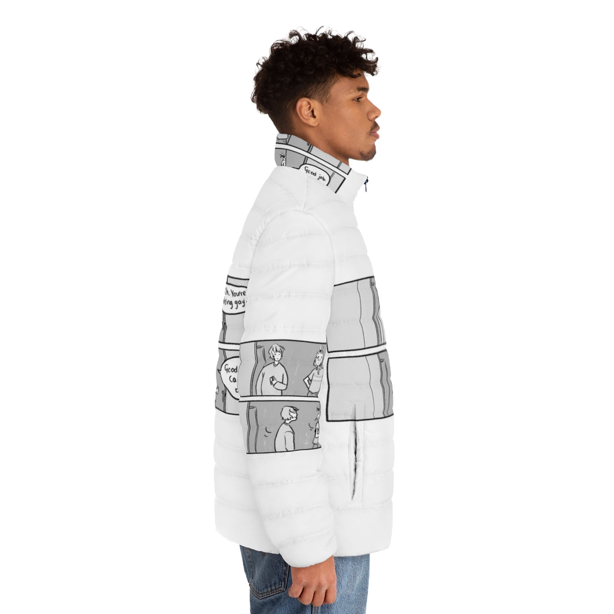 Heartstopper inspired LGBTQ+ puffer jacket with the phrase "Oh You're Being Gay, Good Job, Carry On" - men side right