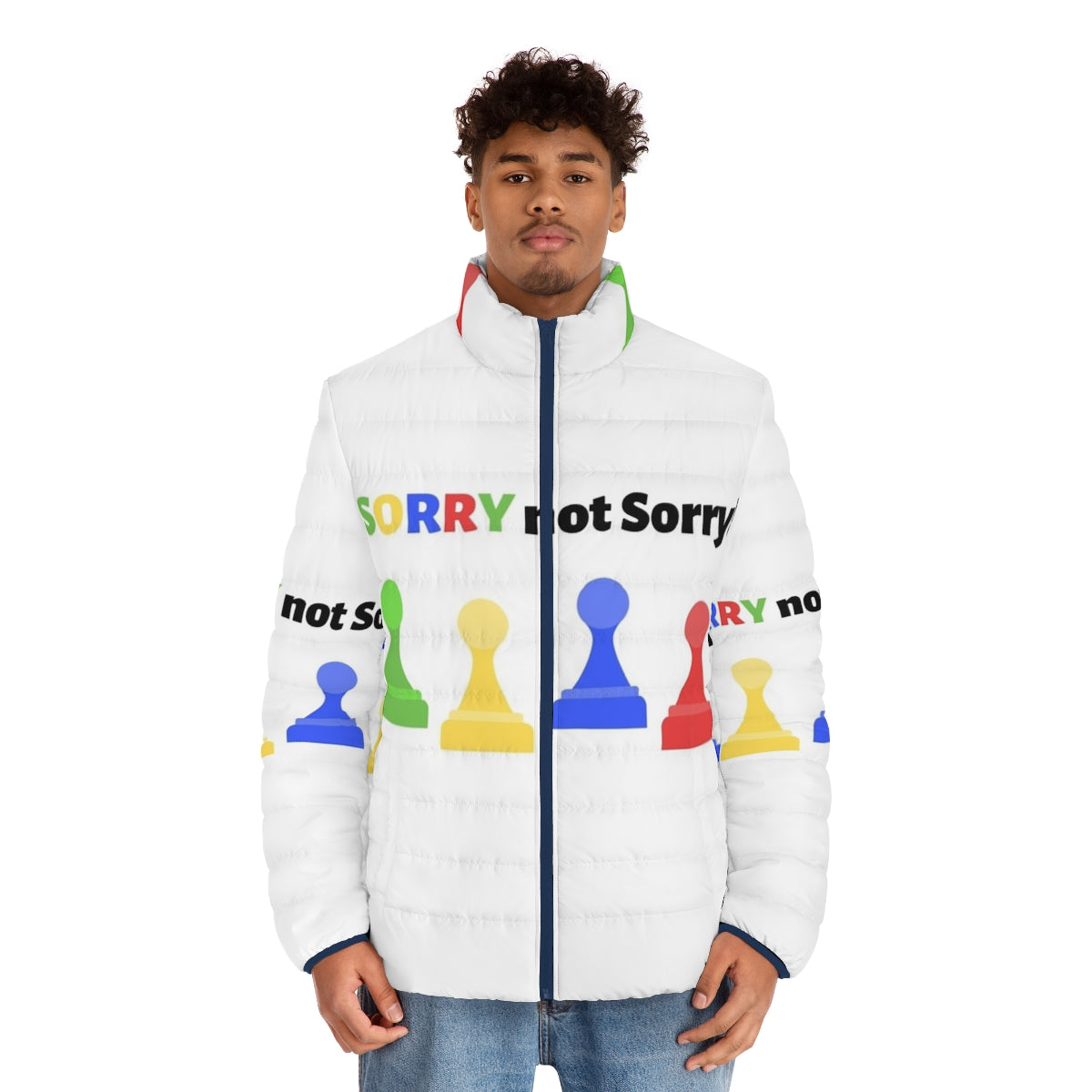 Sorry Not Sorry Puffer Jacket with vibrant board game inspired graphics - men front