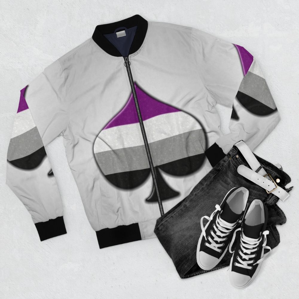 Asexual pride bomber jacket featuring a large ace symbol in the colors of the asexual pride flag - Flat lay