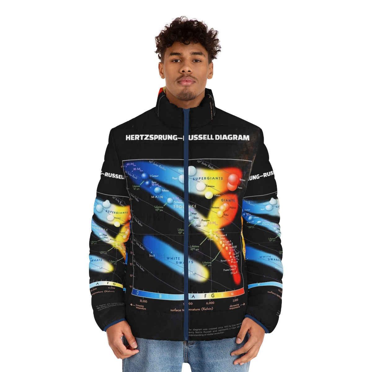 Hertzsprung Russell Diagram Astronomy Puffer Jacket featuring a cosmic infographic design - men front