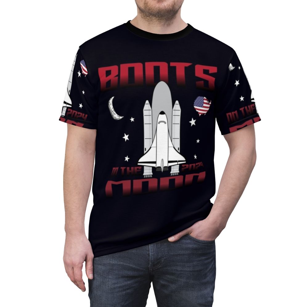 A t-shirt featuring a space-themed design with funny quotes about moon boots - men front