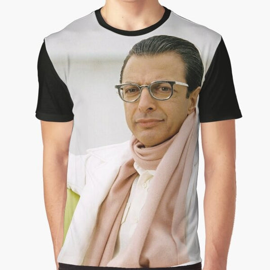 A high-quality graphic t-shirt featuring a design of actor Jeff Goldblum from the Jurassic Park movies.