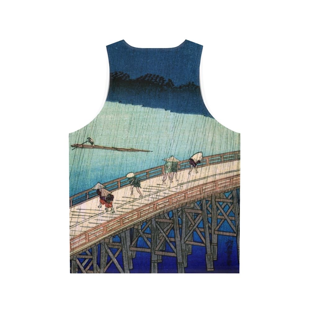 Unisex tank top featuring the Japanese ukiyo-e artwork "Sudden Shower Over Shin Ohashi Bridge" by Hiroshige - Back