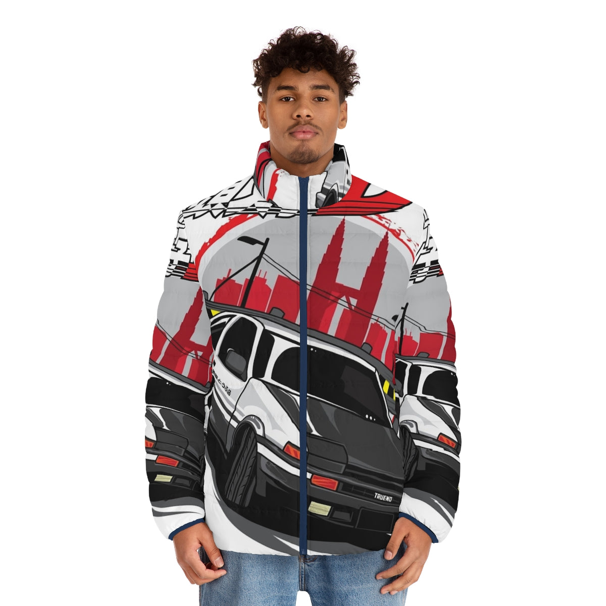 Initial D Puffer Jacket featuring the legendary Toyota Corolla AE86 "Hachi-Roku" - men front