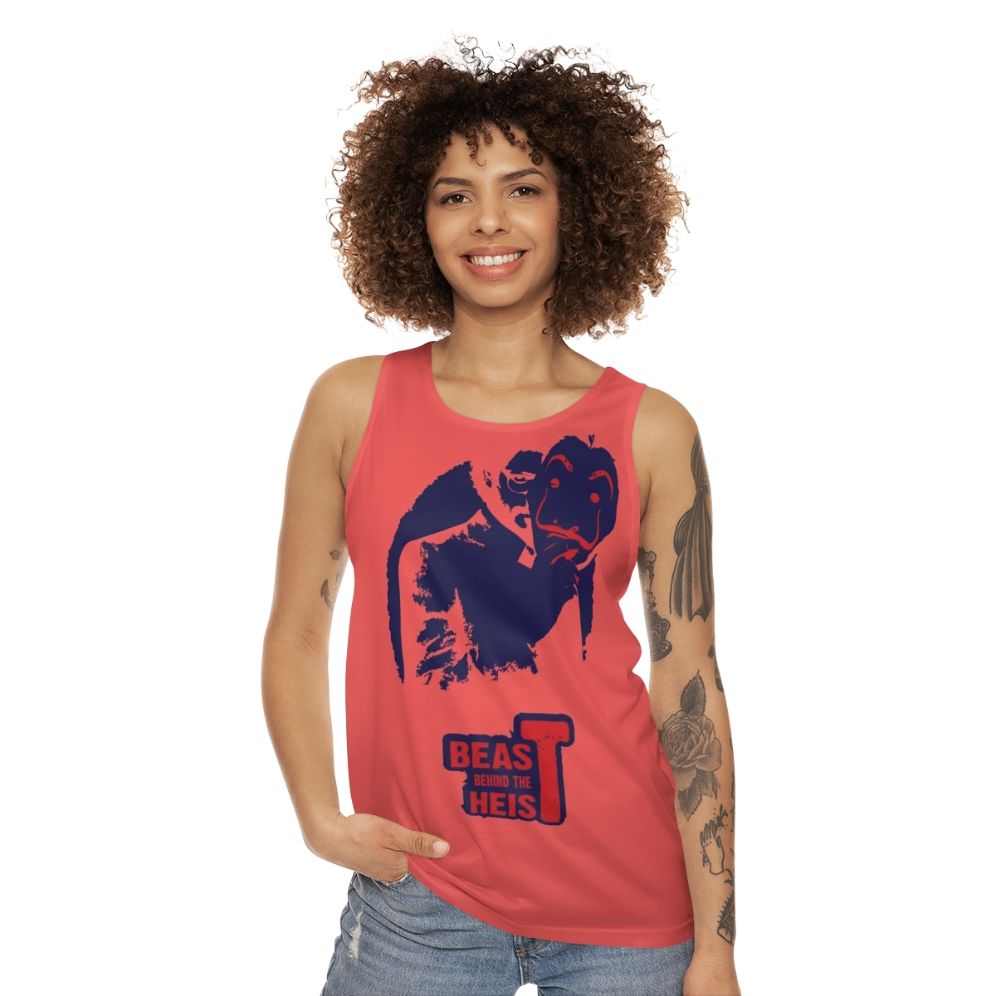 Money Heist Unisex Tank Top featuring "Beast Behind the Heist" design - women