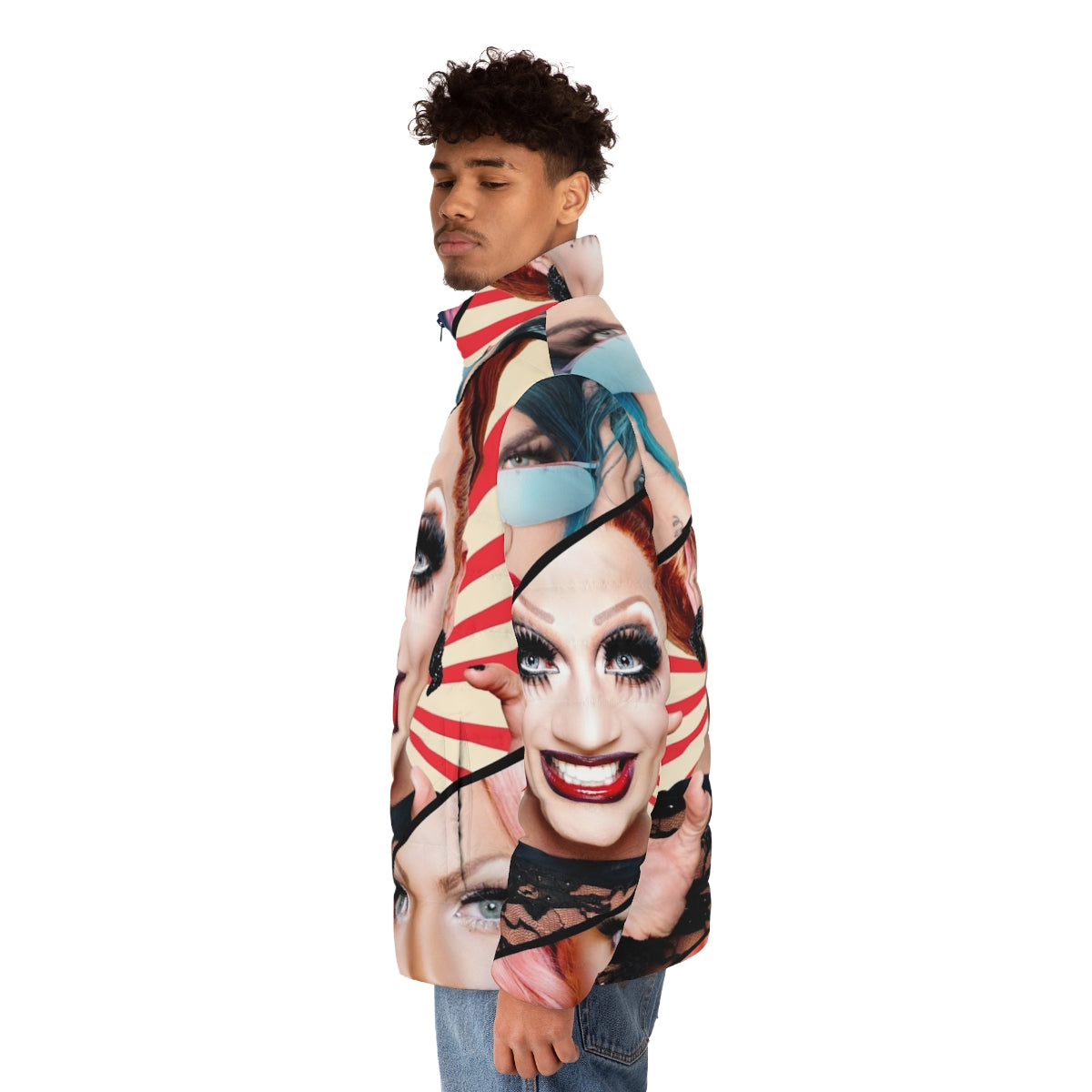 Vibrant puffer jacket featuring RuPaul's Drag Race season 6 queens - men side left