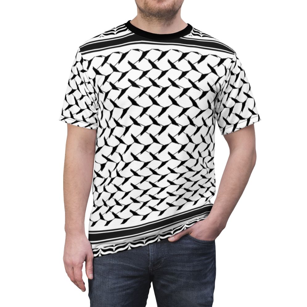 A high-quality t-shirt featuring a Palestinian keffiyeh design with a detailed map of Palestine. - men front