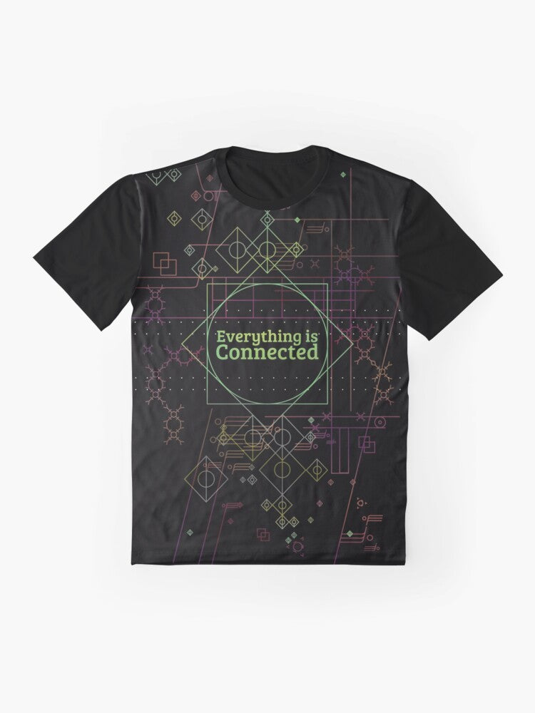 "Dirk Gently's Everything is Connected graphic t-shirt featuring characters and motifs from the Douglas Adams book series and Netflix TV adaptation." - Flat lay