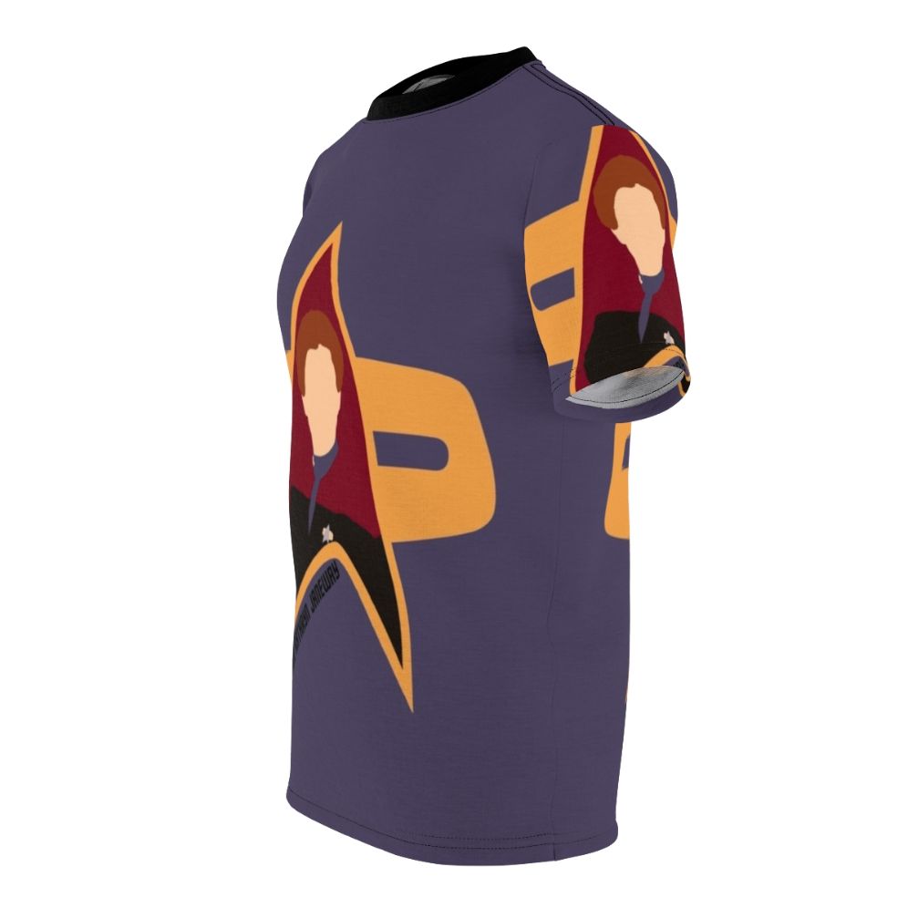 Captain Janeway inspired Star Trek Voyager themed t-shirt with captain insignia and delta quadrant design - men left