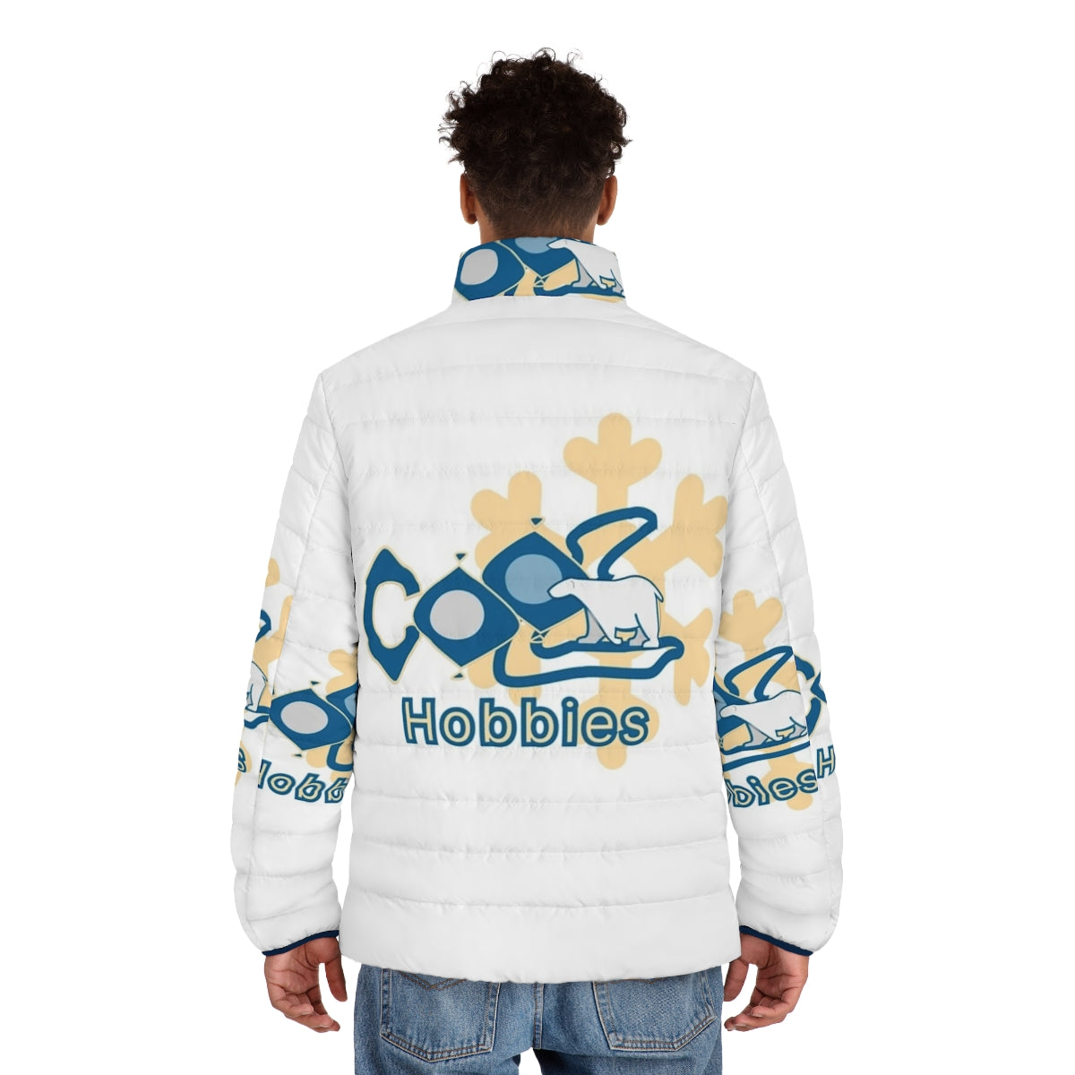 Puffer jacket with hobbies-themed design - men back