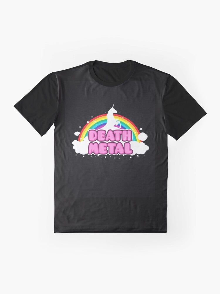 Death metal unicorn mosh parody design graphic t-shirt - Flat lay