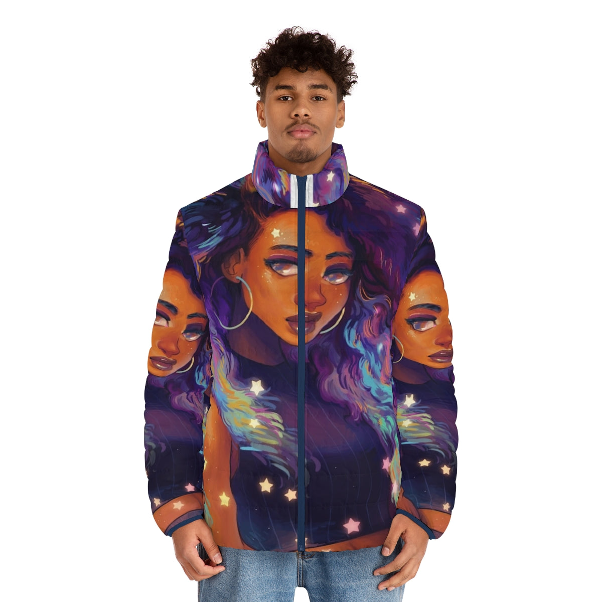 A black puffer jacket with a nebula and galaxy design, perfect for exploring the cosmos. - men front