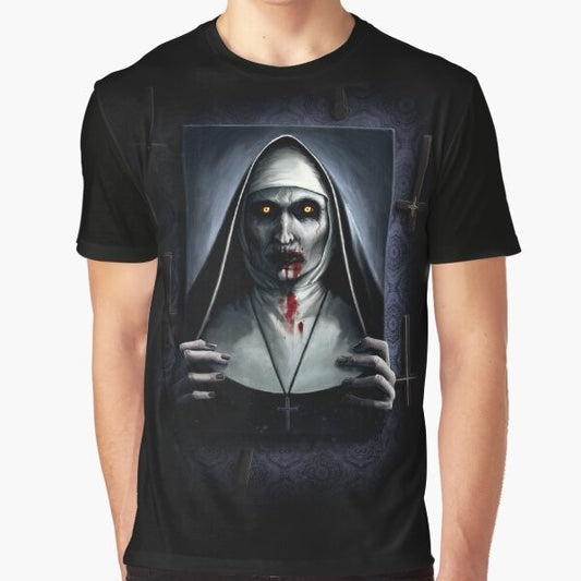 Valak, the demonic nun from The Conjuring 2, featured on a horror graphic t-shirt