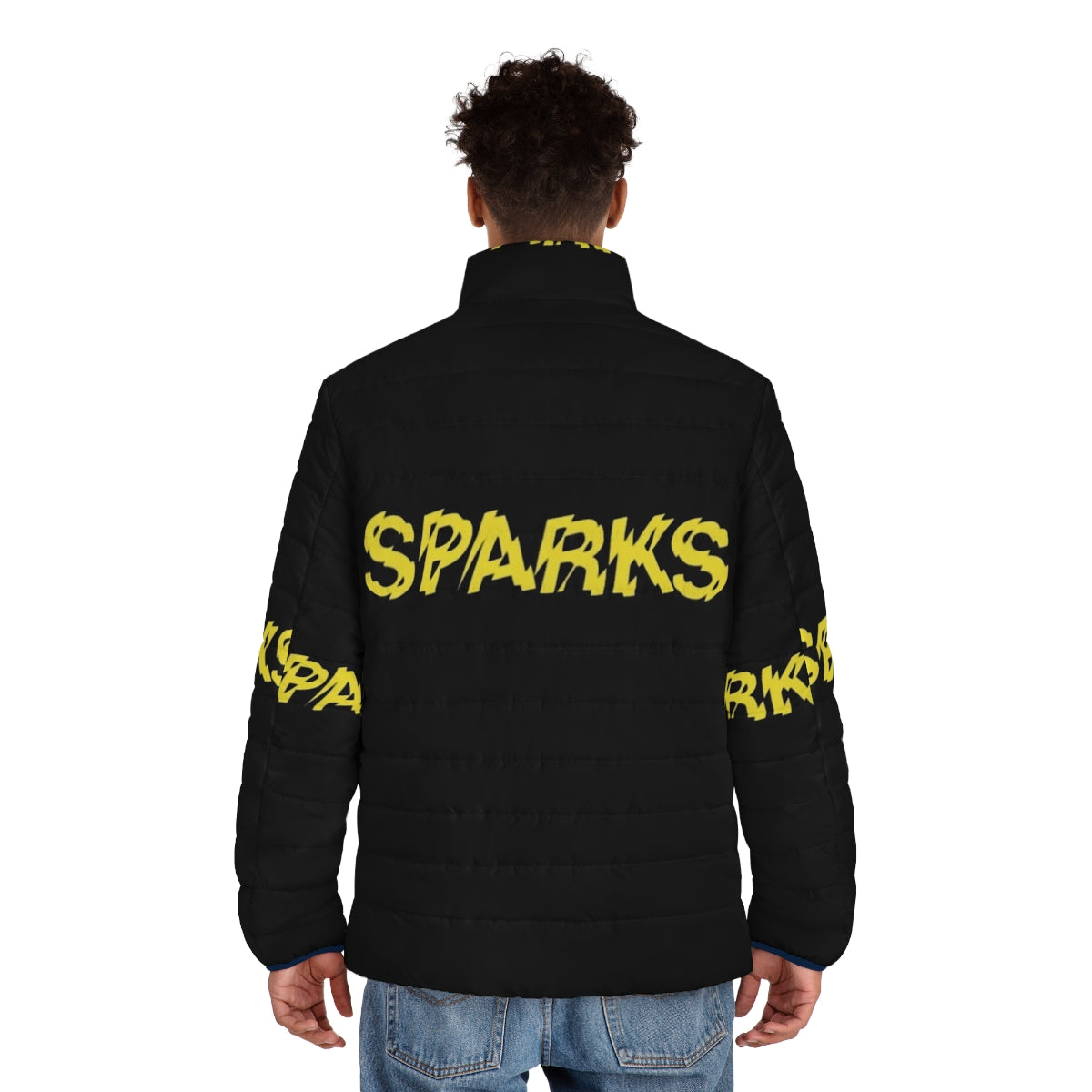 Model wearing the Sparks Puffer Jacket, a stylish and warm winter coat with a synth pop and glam rock inspired design. - men back