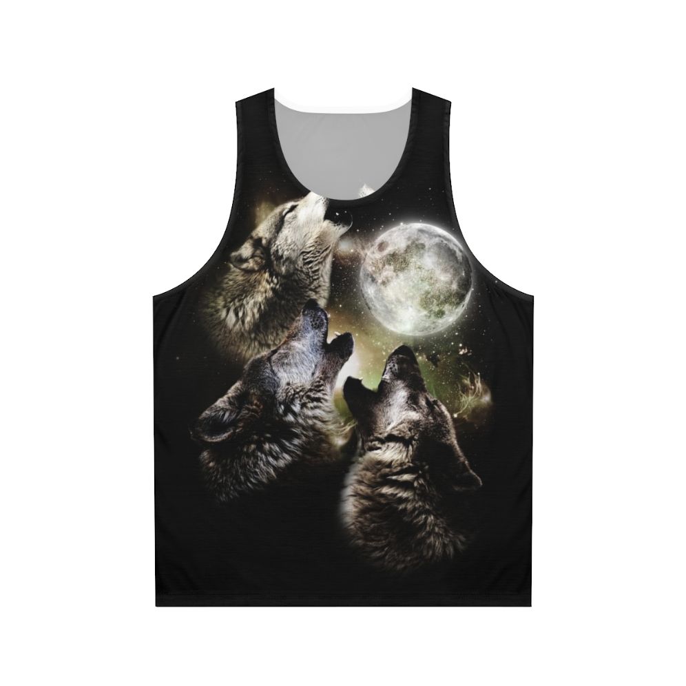 Three wolves howling at the moon on a unisex tank top