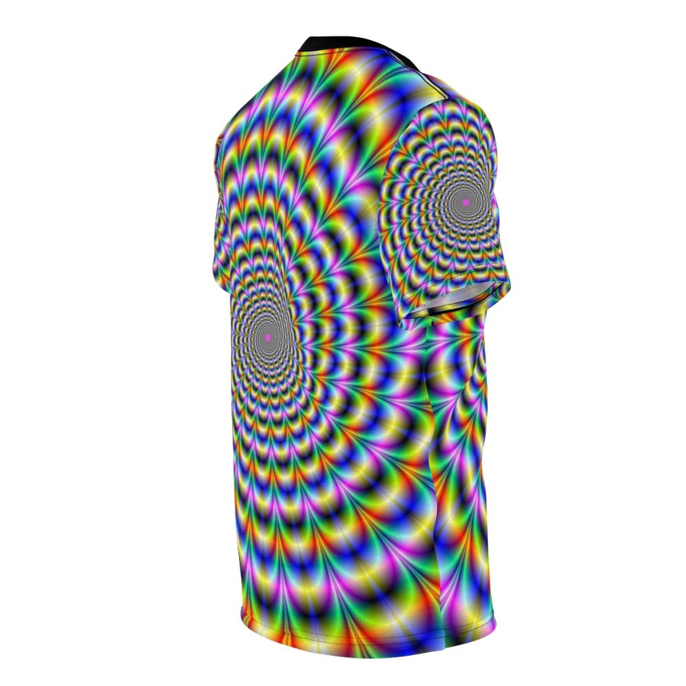 A vibrant psychedelic swirl design on a t-shirt, creating a mesmerizing, trippy optical effect. - men right