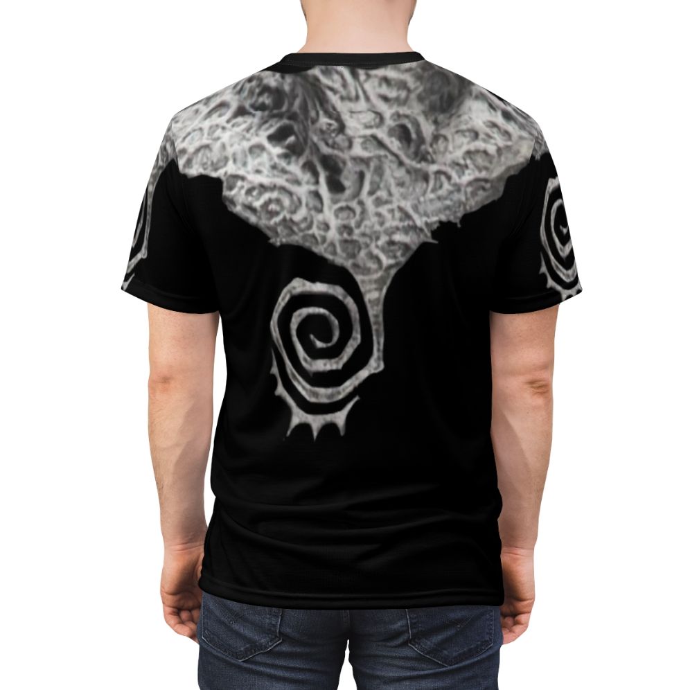 Haunting spiral design t-shirt featuring supernatural, gothic, and anti-hero elements for cosplay and casual wear. - men back