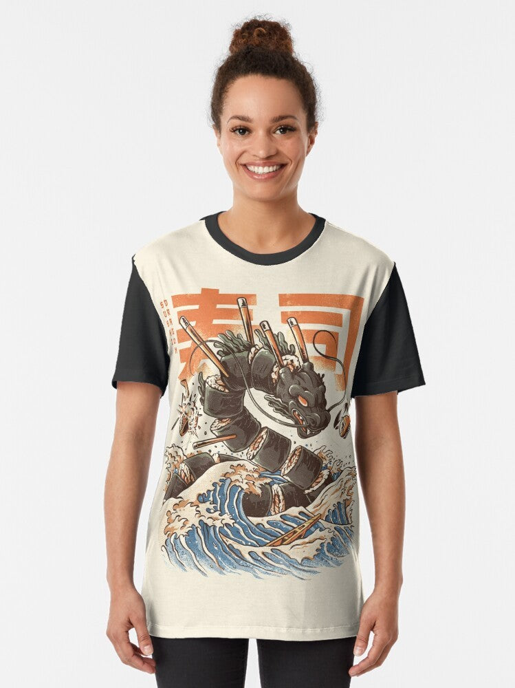 Illustration of an angry, orange dragon devouring sushi amid a Japanese-inspired wave pattern - Women