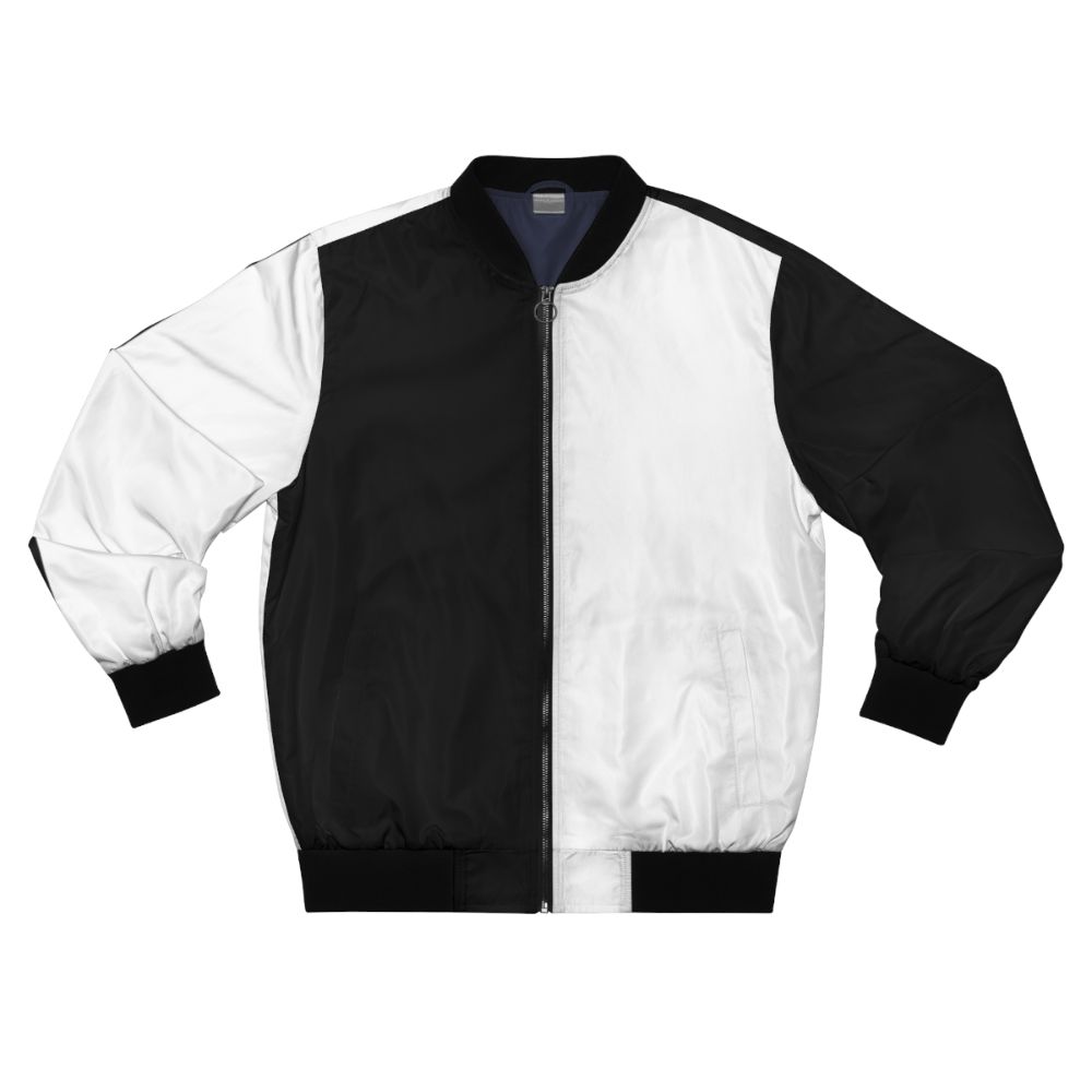 Split black and white bomber jacket with contrasting panels