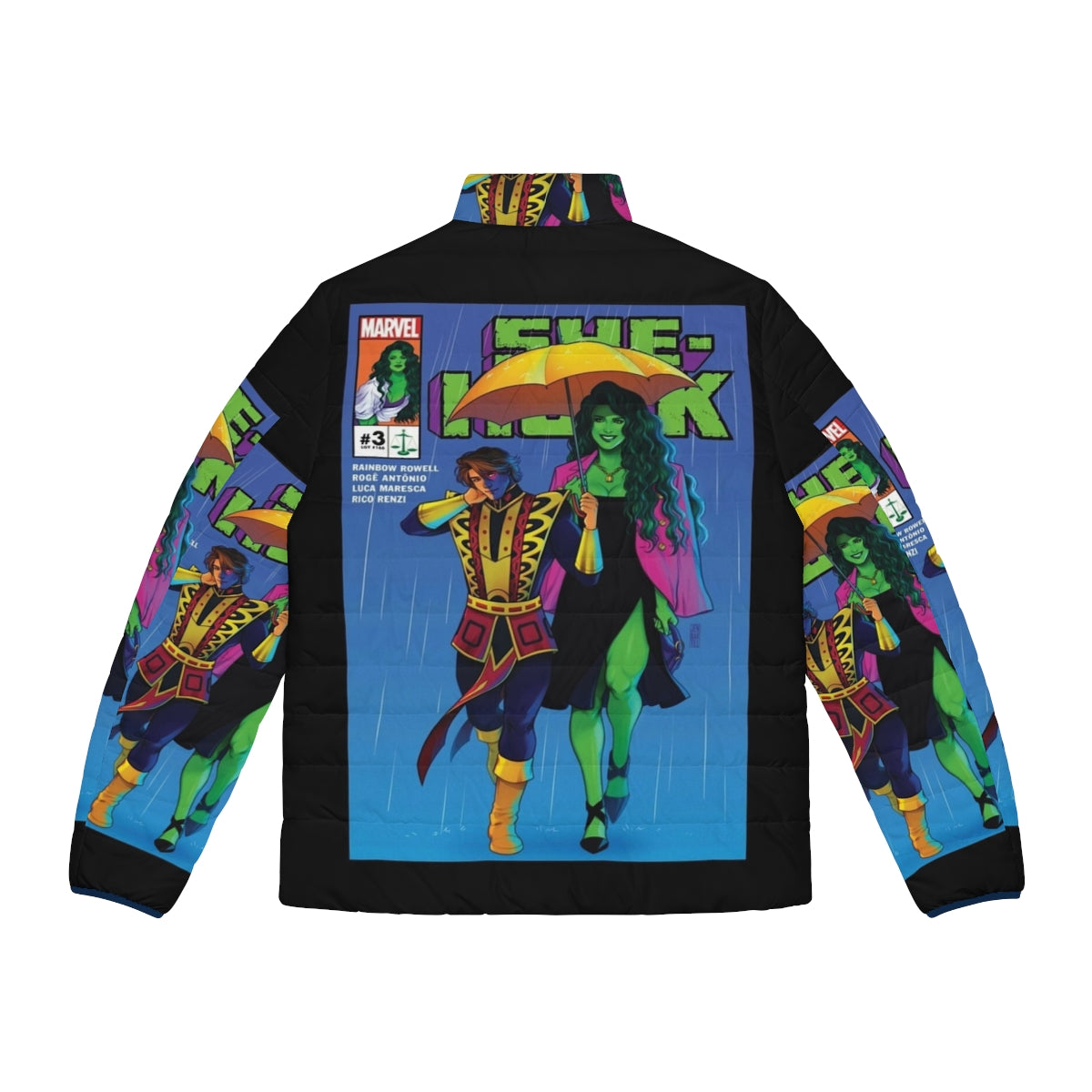 Green puffer jacket with superhero design - Back